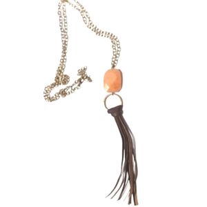 Genuine stone brown leather tassel necklace goldtoned chain
